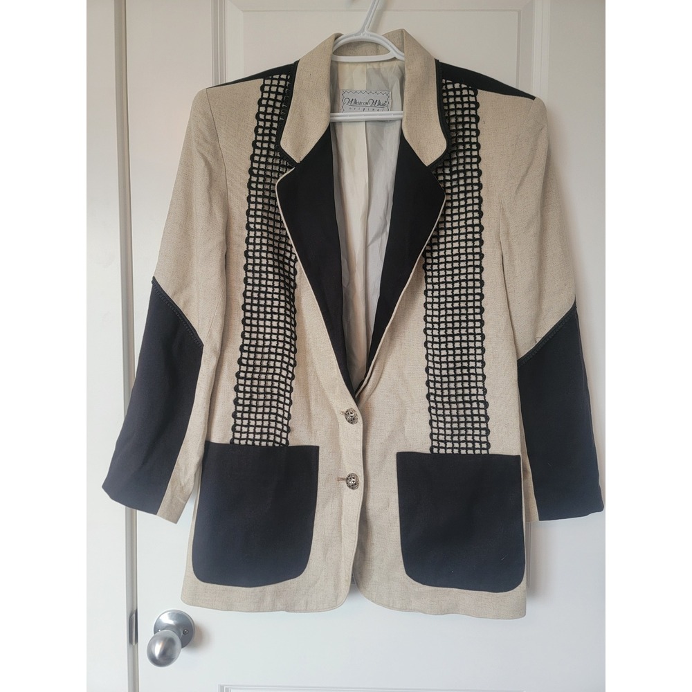White on White Original Vintage Blazer Rayon Linen Colorblock Embroidered USA